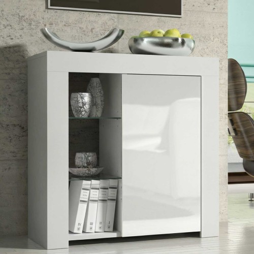 White High Gloss Sideboard 75cm Modern Display Cabinet with Glass Shelves