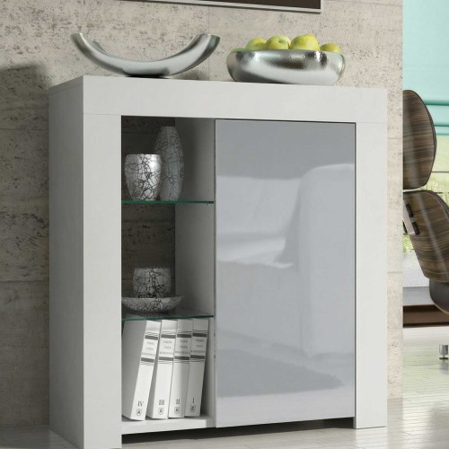 Modern White and Grey High Gloss Sideboard 75cm Compact Storage Cabinet with Glass Shelves for Living Room Hallway Bedroom