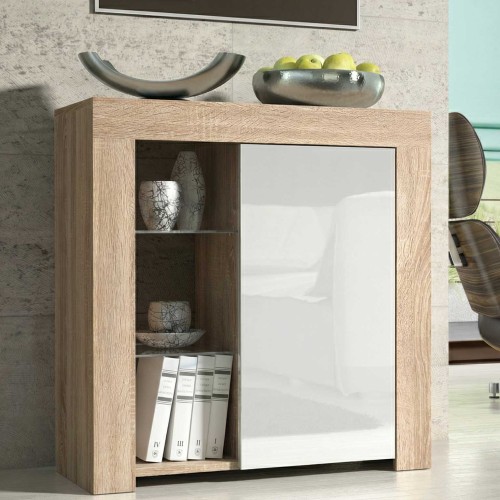 Oak and White High Gloss Sideboard 75cm Modern Compact Storage Cabinet with Glass Shelves for Living Room Hallway Bedroom
