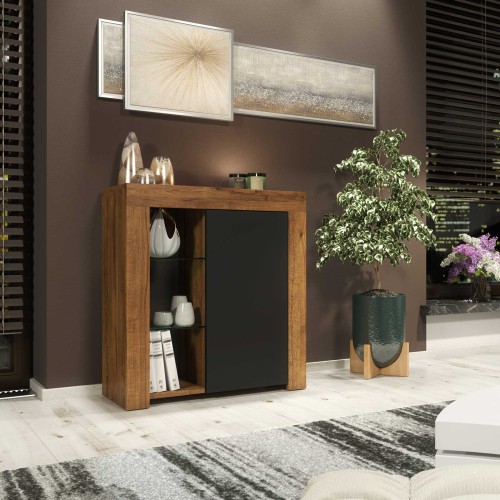 Oak and Black High Gloss Sideboard 75cm Modern Compact Storage Cabinet with Glass Shelves for Living Room Hallway Bedroom