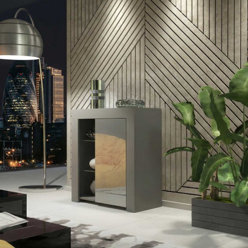 Grey High Gloss Sideboard 75cm Modern Compact Storage Cabinet with Glass Shelves for Living Room Hallway Bedroom