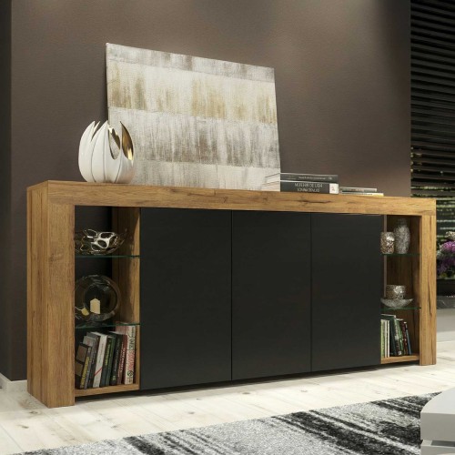 Oak and Black High Gloss Sideboard 164cm Large Modern Storage Cabinet with Glass Shelves for Living Room Dining Room