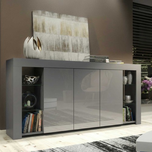 Grey High Gloss Sideboard 164cm Large Modern Storage Cabinet with Glass Shelves for Living Room Dining Room
