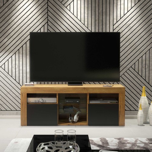Modern Oak and Black TV Unit 145cm Contemporary Media Cabinet with Matt Doors and Glass Shelf for Living Room