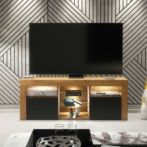 Modern Oak and Black TV Unit 145cm Contemporary Media Cabinet with Matt Doors and Glass Shelf for Living Room