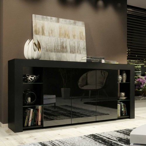 Black High Gloss Sideboard 164cm Large Modern Storage Cabinet with Glass Shelves for Living Room Dining Room